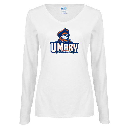  Womens White Long Sleeve V Neck Tee - Primary Athletics Mark