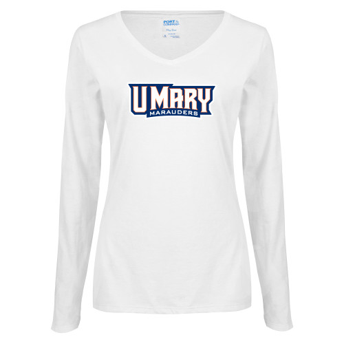  Womens White Long Sleeve V Neck Tee - U Mary Marauders