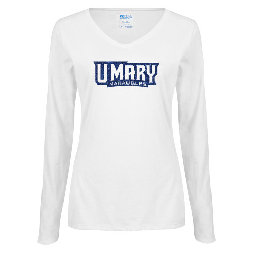 Womens White Long Sleeve V Neck Tee - H Dark Blue Glitter