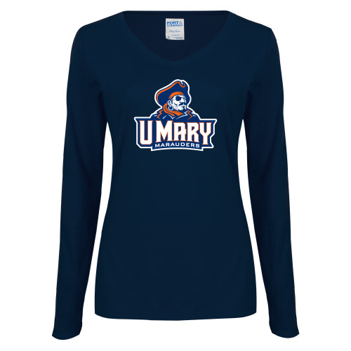  Womens Navy Long Sleeve V Neck Tee - Primary Athletics Mark