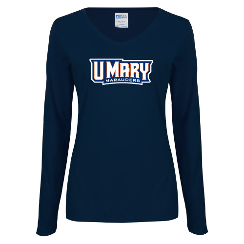  Womens Navy Long Sleeve V Neck Tee - U Mary Marauders