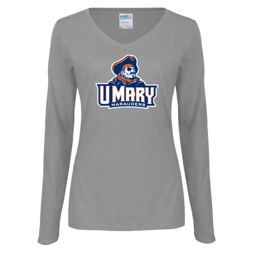  Womens Grey Long Sleeve V Neck Tee  - Primary Athletics Mark