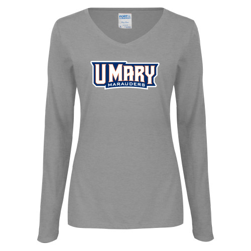  Womens Grey Long Sleeve V Neck Tee  - U Mary Marauders