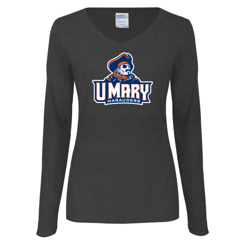  Womens Dark Heather Long Sleeve V Neck Tee  - Primary Athletics Mark