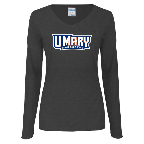  Womens Dark Heather Long Sleeve V Neck Tee  - U Mary Marauders
