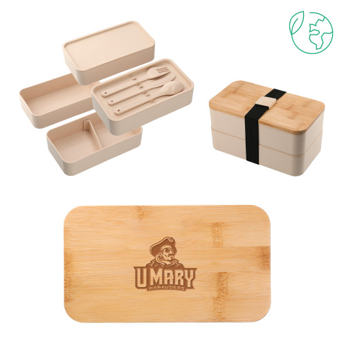  Stackable Bamboo Fiber Beige Bento Box - Primary Athletics Mark Engraved