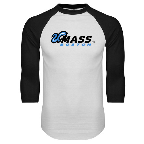  White/Black Raglan Baseball T Shirt - UMass Boston Horizontal