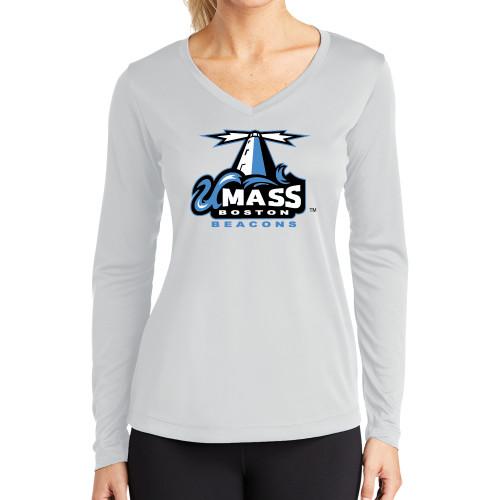  Womens White Performance Long Sleeve V Neck Shirt - Primary Logo