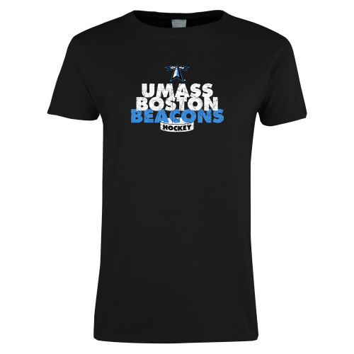  Womens Black Short Sleeve Tee - UMass Boston Beacons Hockey Distressed