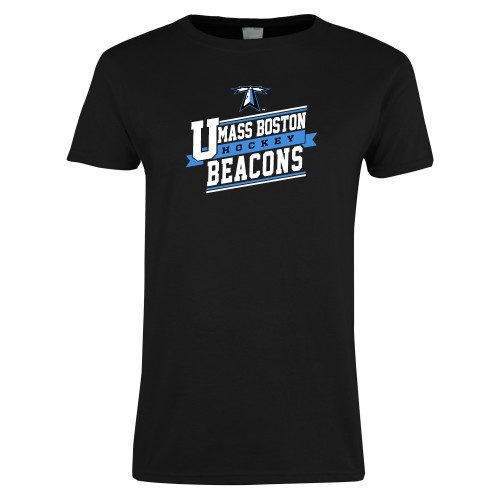  Womens Black Short Sleeve Tee - UMass Boston Beacons Hockey Slanted