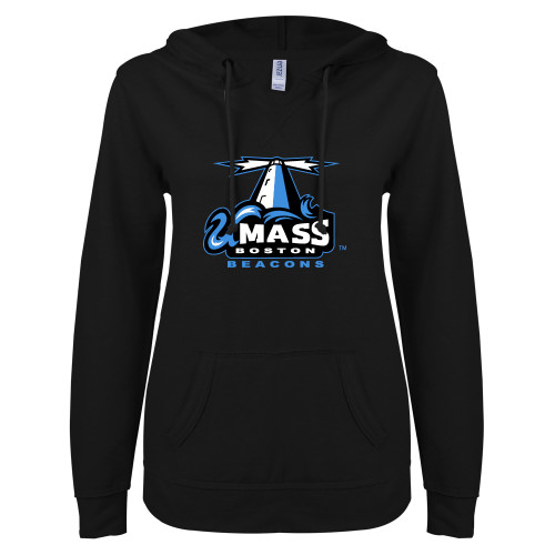  ENZA Womens Black V Notch Raw Edge Fleece Hoodie - Primary Logo