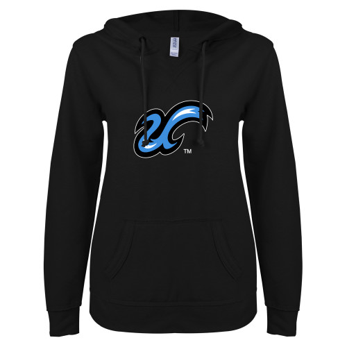  ENZA Womens Black V Notch Raw Edge Fleece Hoodie - The U