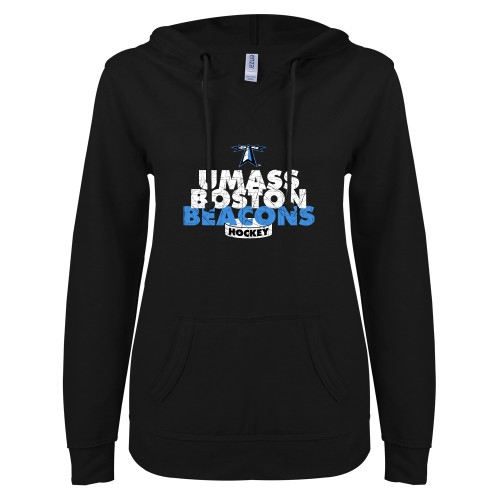  ENZA Womens Black V Notch Raw Edge Fleece Hoodie - UMass Boston Beacons Hockey Distressed