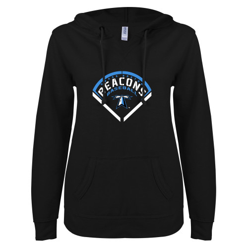  ENZA Womens Black V Notch Raw Edge Fleece Hoodie - Beacons Baseball Stencil Diamond