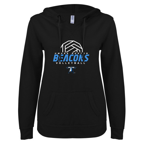  ENZA Womens Black V Notch Raw Edge Fleece Hoodie - Beacons Volleyball Abstract Ball