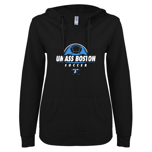  ENZA Womens Black V Notch Raw Edge Fleece Hoodie - UMass Boston Soccer Stacked