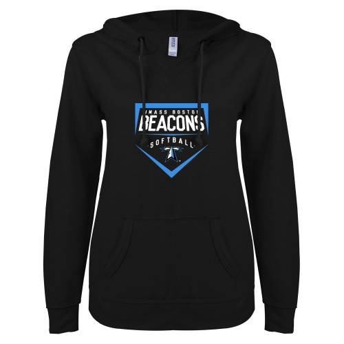  ENZA Womens Black V Notch Raw Edge Fleece Hoodie - Beacons Softball Plate