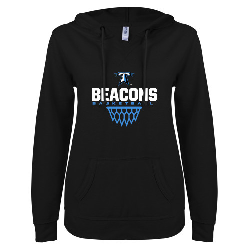  ENZA Womens Black V Notch Raw Edge Fleece Hoodie - Beacons Basketball Net