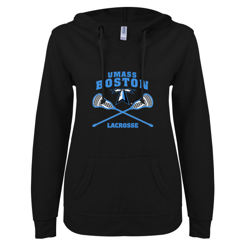 ENZA Womens Black V Notch Raw Edge Fleece Hoodie - UMass Boston Lacrosse Crossed Sticks