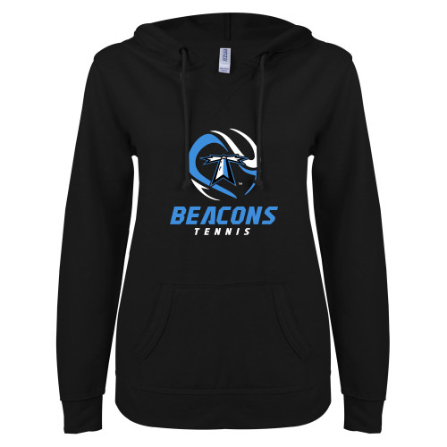 ENZA Womens Black V Notch Raw Edge Fleece Hoodie - Beacons Tennis Abstract Ball