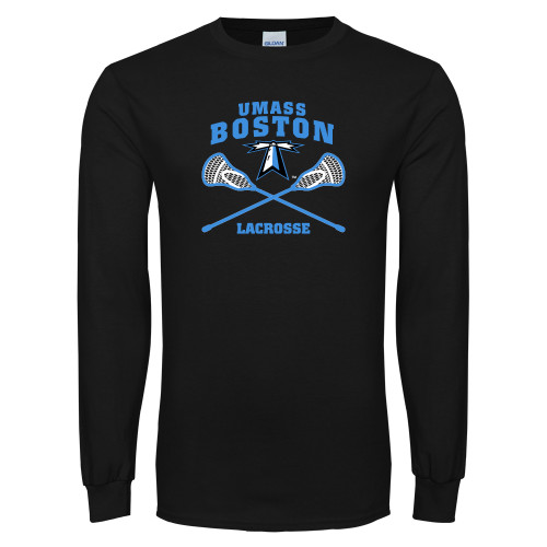  Black Long Sleeve T Shirt - UMass Boston Lacrosse Crossed Sticks