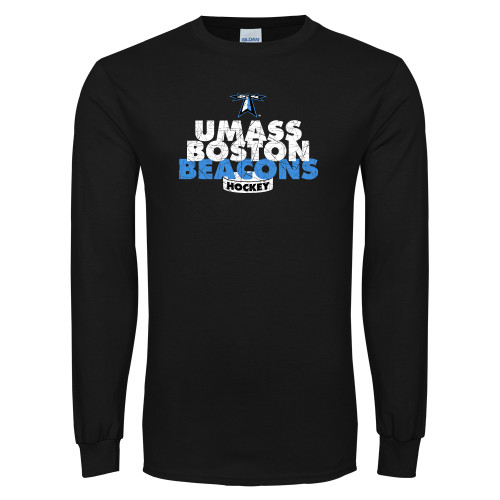  Black Long Sleeve T Shirt - UMass Boston Beacons Hockey Distressed
