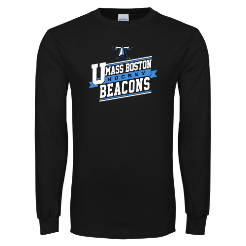  Black Long Sleeve T Shirt - UMass Boston Beacons Hockey Slanted