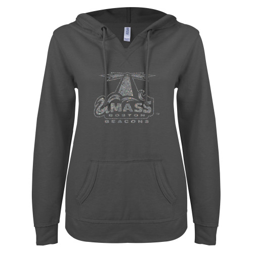  ENZA Womens Dark Heather V Notch Raw Edge Fleece Hoodie - Primary Logo Silver Soft Glitter