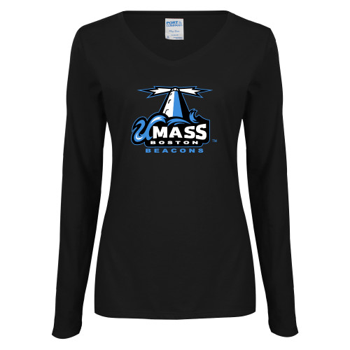 Womens Black Long Sleeve V Neck Tee  - Primary Logo
