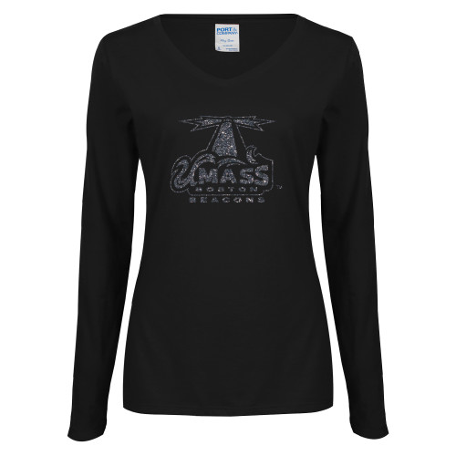  Womens Black Long Sleeve V Neck Tee  - Primary Logo Graphite Glitter