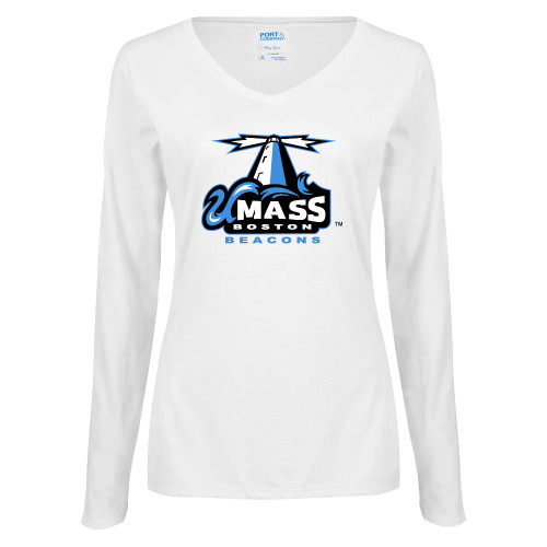  Womens White Long Sleeve V Neck Tee - Primary Logo
