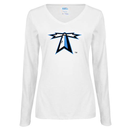  Womens White Long Sleeve V Neck Tee - Lighthouse