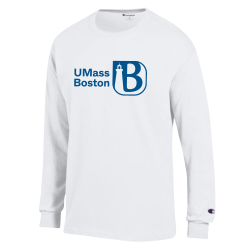  Champion White Long Sleeve T Shirt - UMass Boston Wordmark