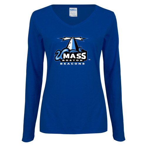  Womens Royal Long Sleeve V Neck Tee  - Primary Logo
