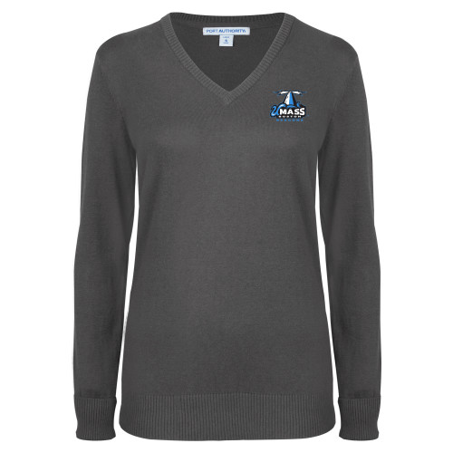  Womens Charcoal Heather VNeck Sweater - Primary Logo