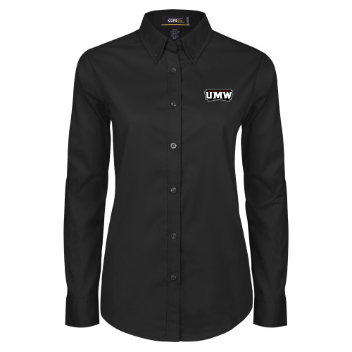 Womens Black Twill Button Down Long Sleeve  - UMW Wordmark