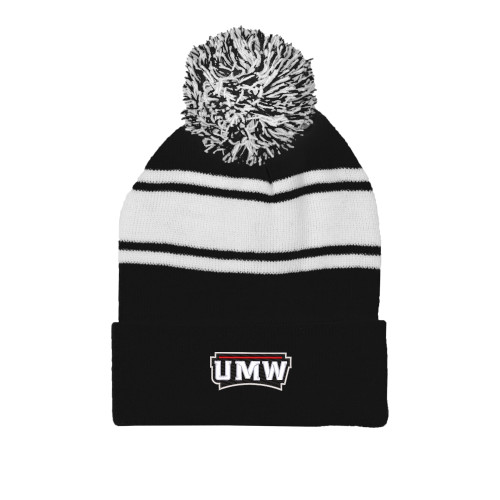  Black/White Two Tone Knit Pom Beanie w/Cuff - UMW Wordmark