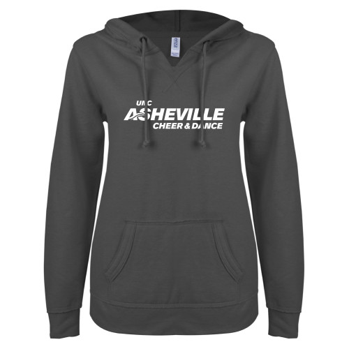  ENZA Womens Dark Heather V Notch Raw Edge Fleece Hoodie - UNC Asheville Cheer and Dance