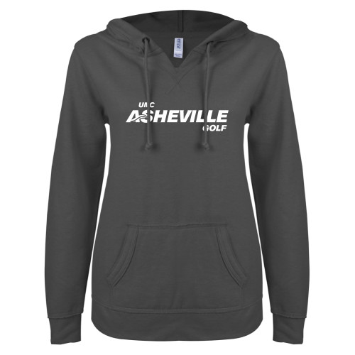  ENZA Womens Dark Heather V Notch Raw Edge Fleece Hoodie - UNC Asheville Golf
