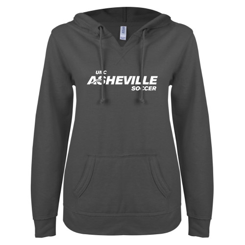  ENZA Womens Dark Heather V Notch Raw Edge Fleece Hoodie - UNC Asheville Soccer