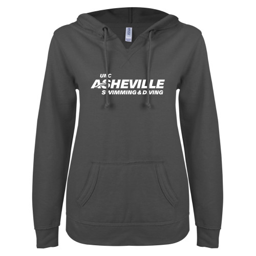  ENZA Womens Dark Heather V Notch Raw Edge Fleece Hoodie - UNC Asheville Swim and Dive