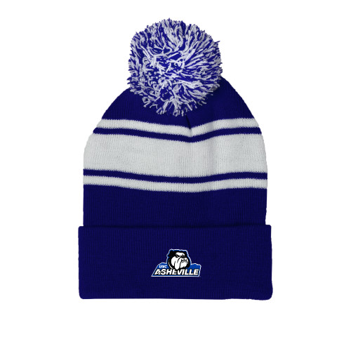 Royal/White Two Tone Knit Pom Beanie w/Cuff - UNC Asheville Primary Mark