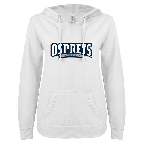  ENZA Womens White V Notch Raw Edge Fleece Hoodie - Ospreys Baseball