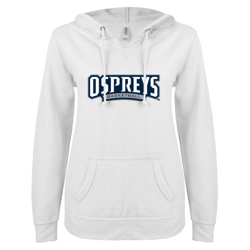  ENZA Womens White V Notch Raw Edge Fleece Hoodie - Ospreys Basketball