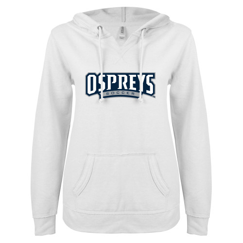  ENZA Womens White V Notch Raw Edge Fleece Hoodie - Ospreys Soccer