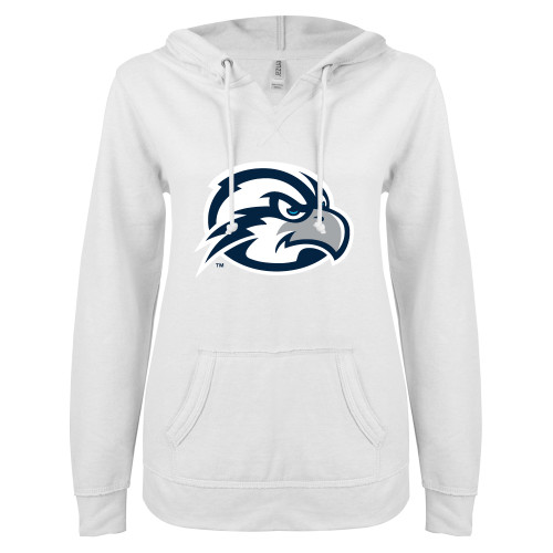  ENZA Womens White V Notch Raw Edge Fleece Hoodie - UNF Osprey Head