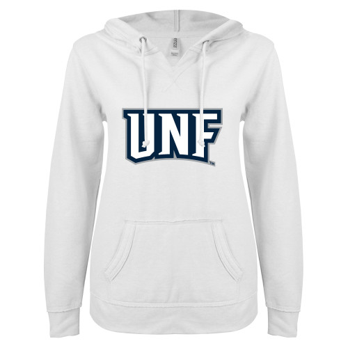  ENZA Womens White V Notch Raw Edge Fleece Hoodie - UNF Monogram