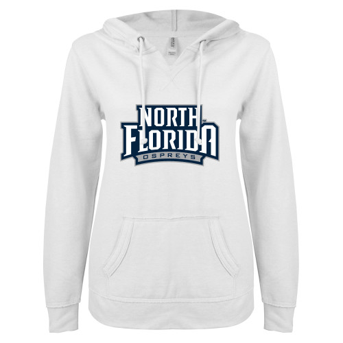  ENZA Womens White V Notch Raw Edge Fleece Hoodie - UNF Primary Mark