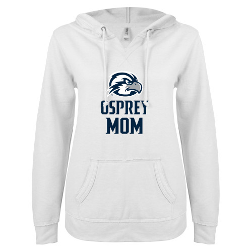  ENZA Womens White V Notch Raw Edge Fleece Hoodie - Osprey Mom