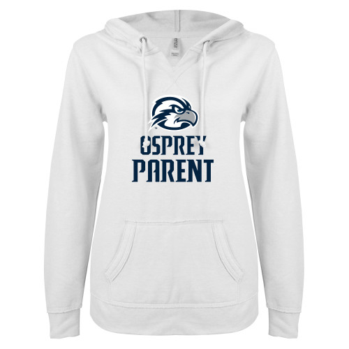 ENZA Womens White V Notch Raw Edge Fleece Hoodie - Osprey Parent